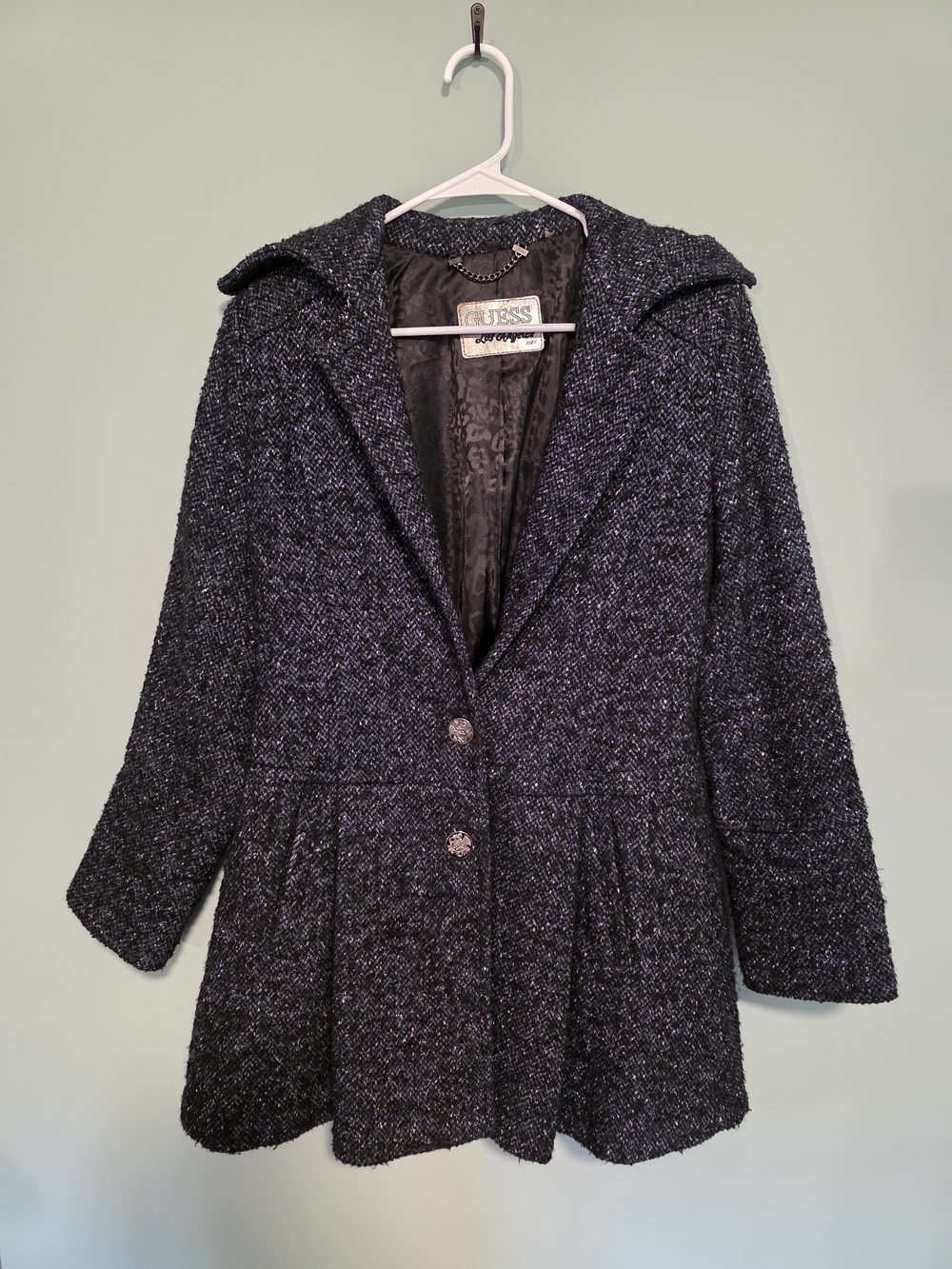 Guess Black Flecked Peplum-Style Wool Blend Coat